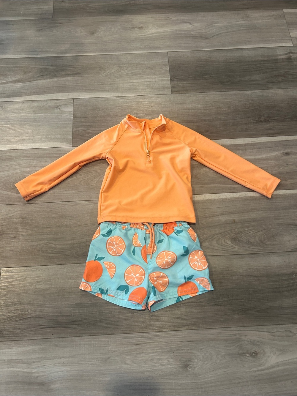Carter's Orange Long-Sleeve Rashguard with Aqua Citrus Print Shorts Toddler 2T